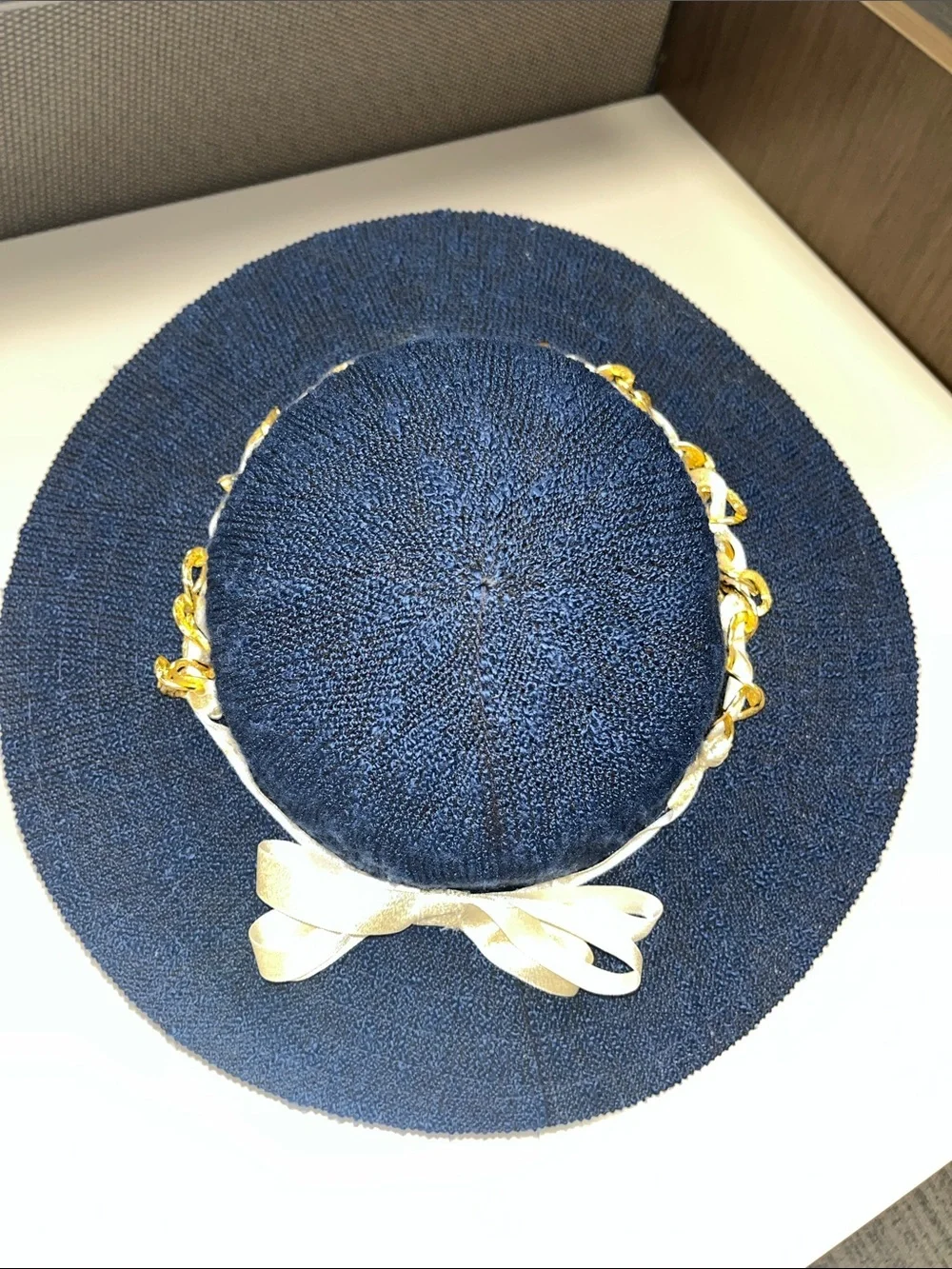 Marcus Adler Women’s Navy Straw like Wide-Brim Hat Gold Chain Trim